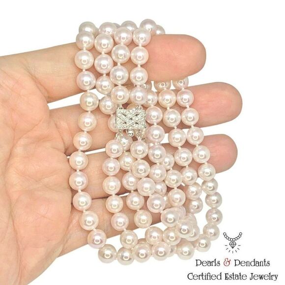 Diamond Akoya Pearl Necklace 8 mm 14k Gold 2-Strand Certified $9,750 010928 - Picture 6 of 8